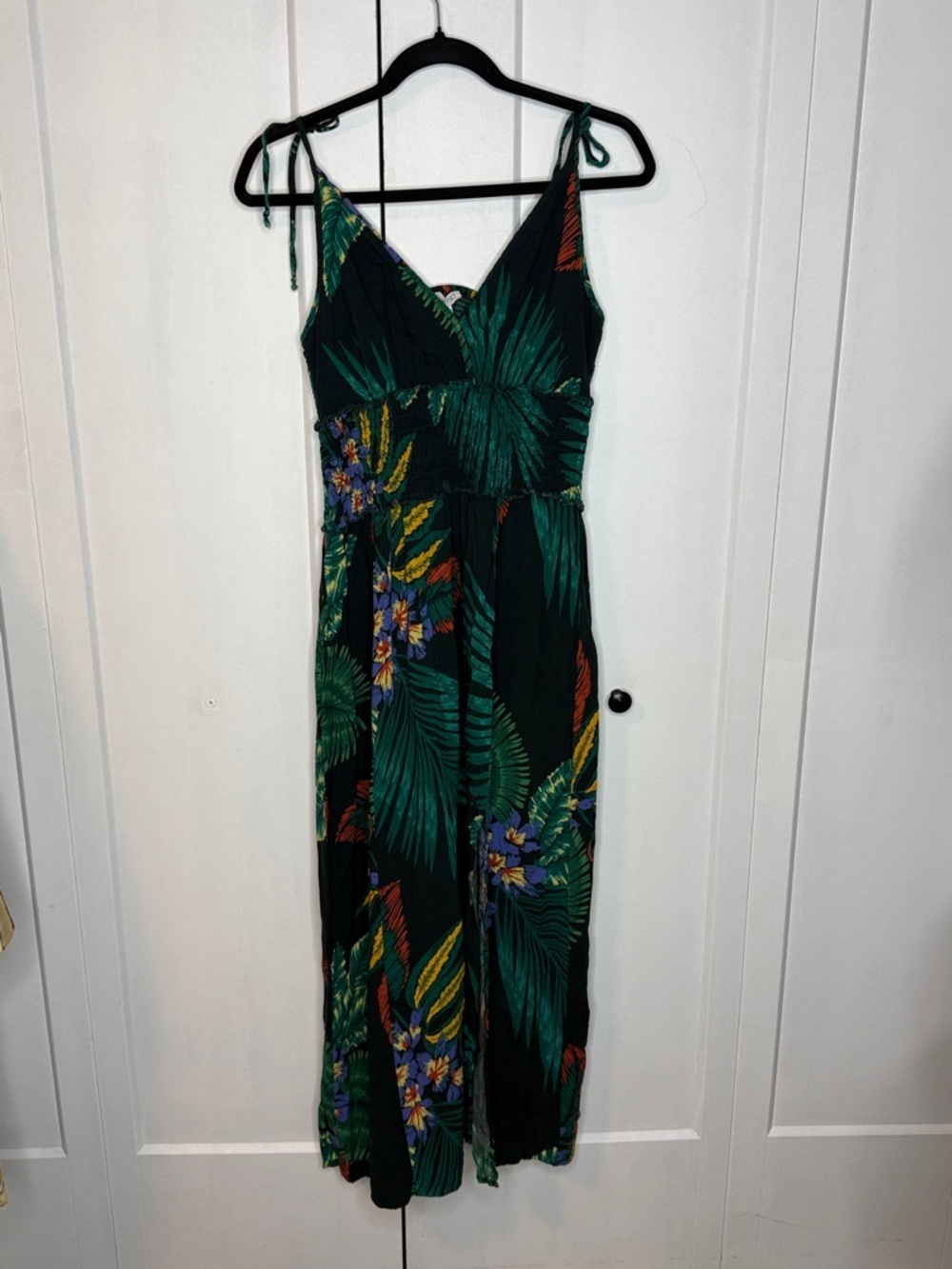 Anthropologie Patrons of Peace Med Black Maxi with Teal Tropical Palm Print
